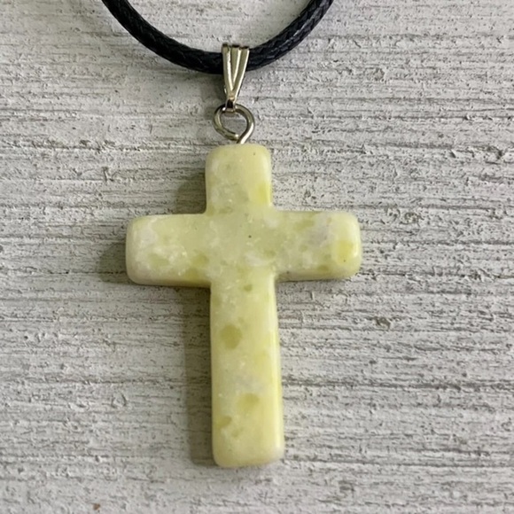 Yellow Jade Cross Pendant Necklace Hand Carved Stone Religious Jewelry 20" Cord - Picture 1 of 9